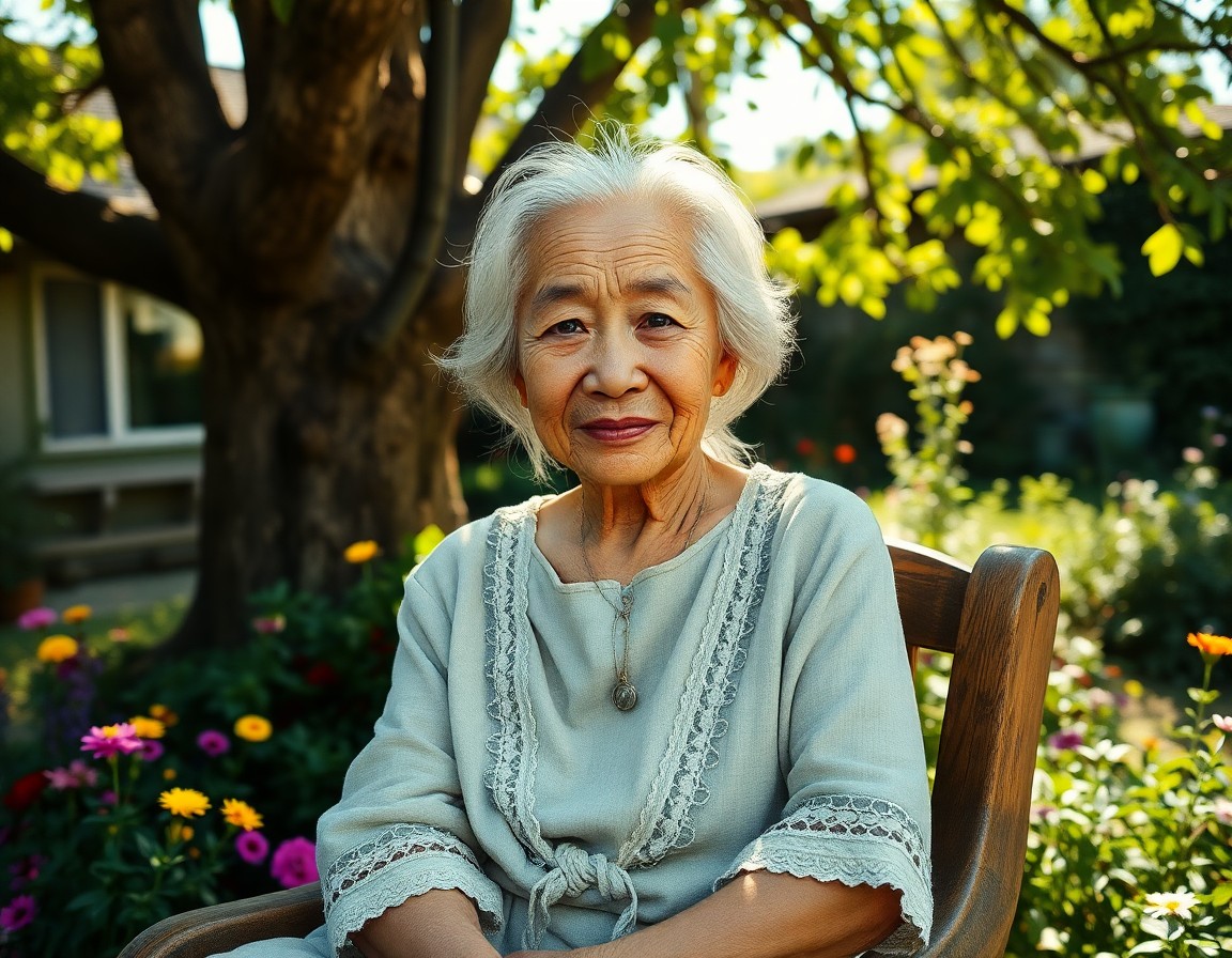 AI generated art for prompt: A photorealistic portrait of an elderly East Asian woman with deep wrinkles and serene blue eyes sit