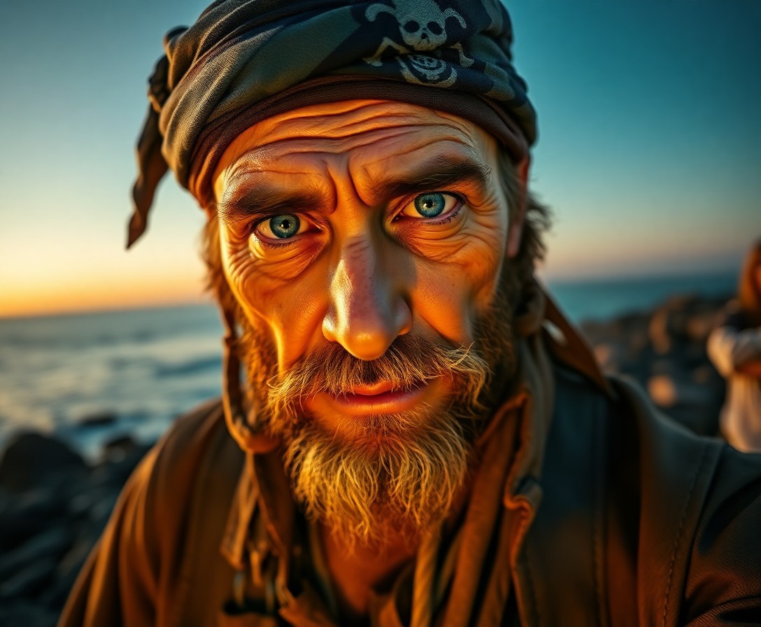 AI generated art for prompt: This ultrarealistic portrait captures a seasoned pirate captain with a grizzled face and serene blue