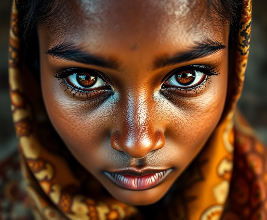 AI generated art for prompt: A portrait photo, taken with a smartphone camera, captures the enigmatic gaze of a young Melanesian 