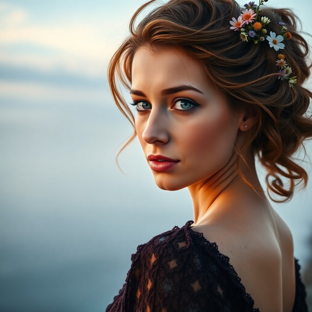 AI generated art for prompt: Create an image of a Caucasian woman with deep blue eyes and wavy chestnut hair styled in a bohemian