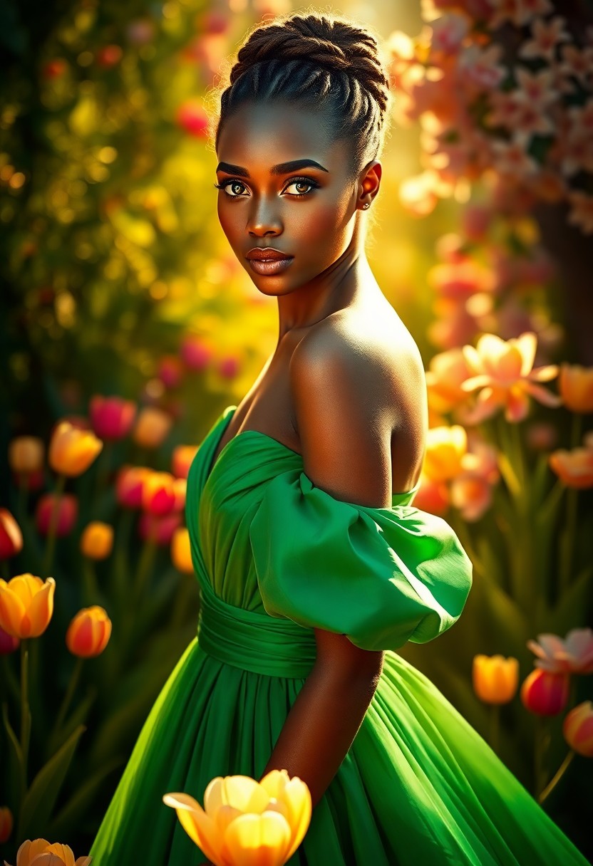 AI generated art for prompt: Capture a photorealistic portrait of a young Sub-Saharan woman with porcelain skin and piercing gree