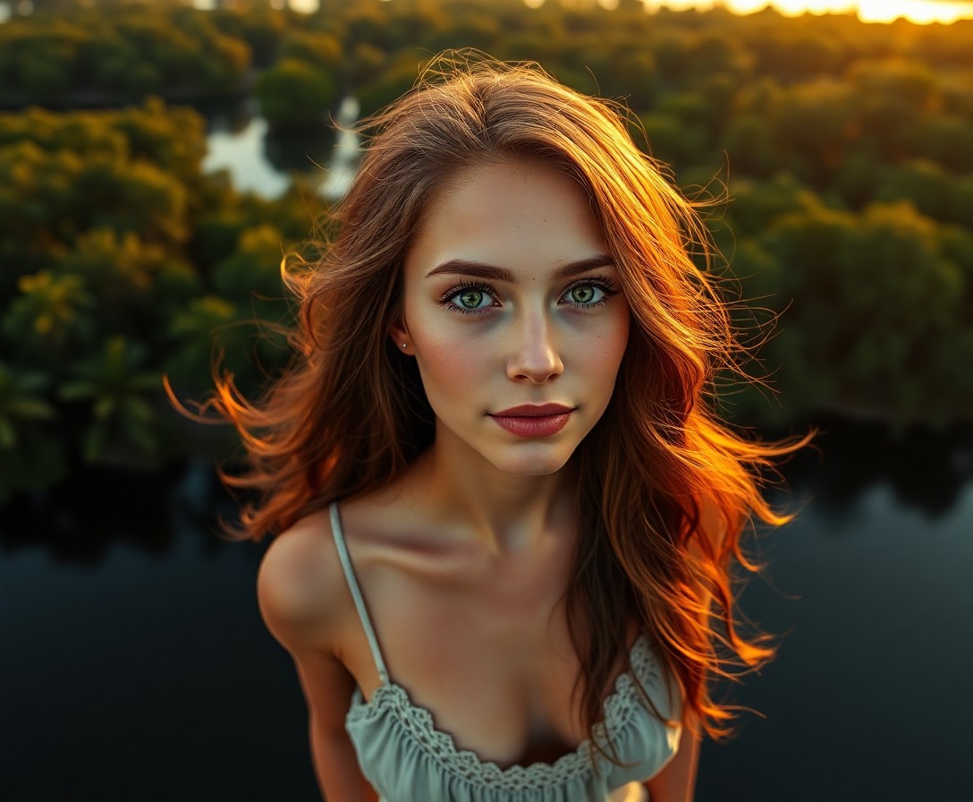 AI generated art for prompt: A photorealistic portrait captures an Amazonian woman in her late twenties from a unique aerial pers