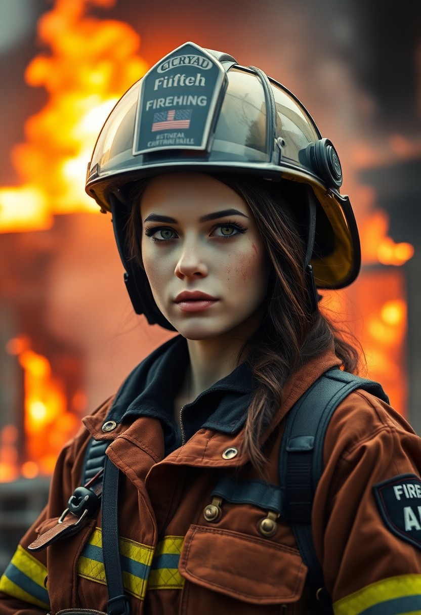 AI generated art for prompt: Create a hyper-realistic portrait of a female firefighter standing before a burning building. Depict