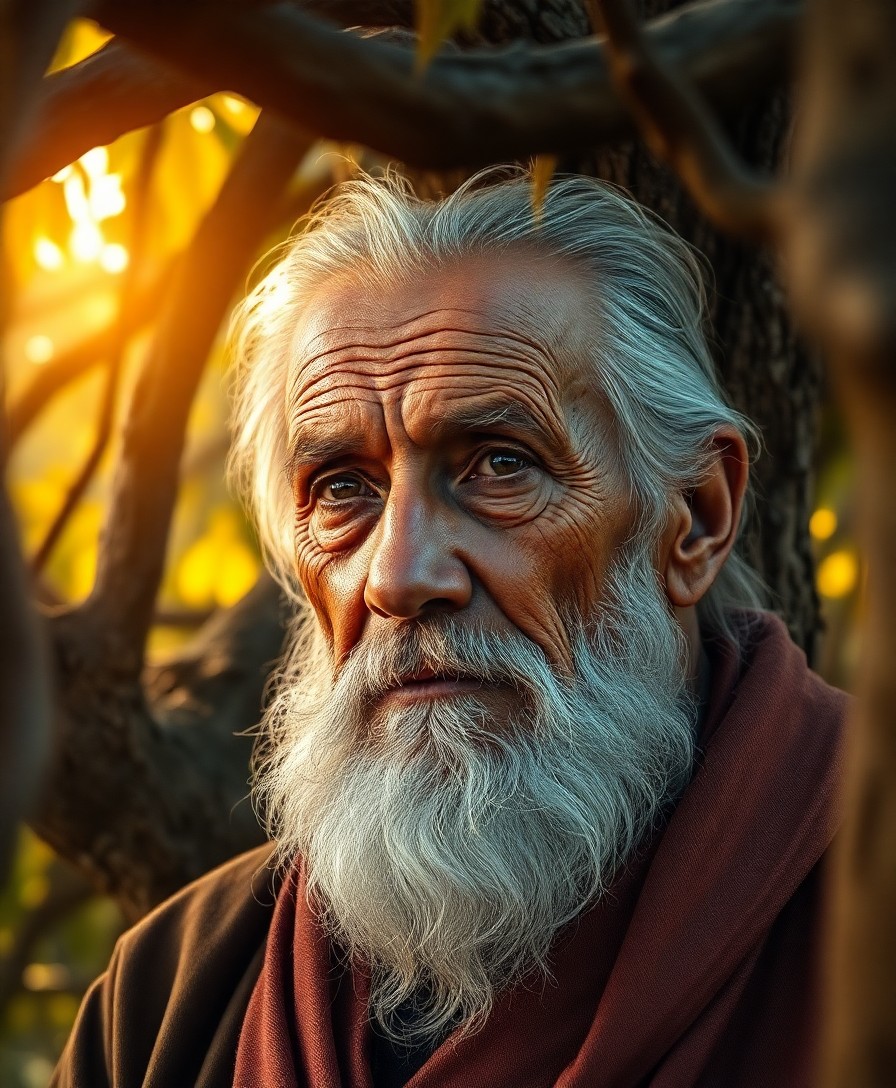 AI generated art for prompt: Imagine a hyper-realistic portrait of an elderly sage, his face illuminated by soft golden light fil