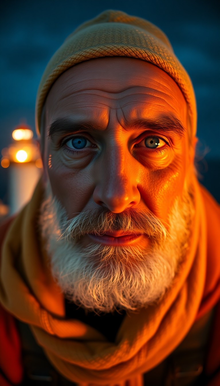 AI generated art for prompt: A portrait photograph captures a traditional seafarer with gentle blue eyes and a graying beard, ill