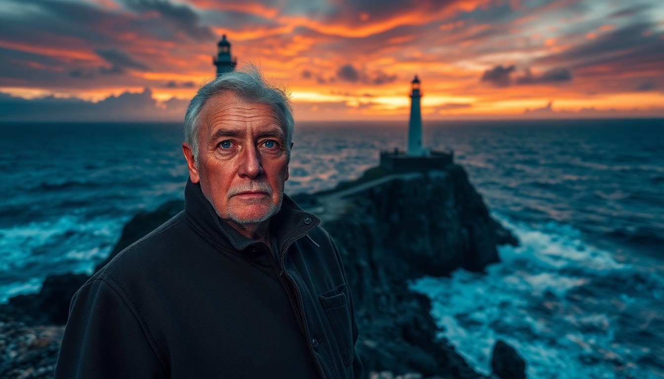 AI generated art for prompt: Create a portrait photograph of an elderly lighthouse keeper, standing alone atop a rocky cliff, ove