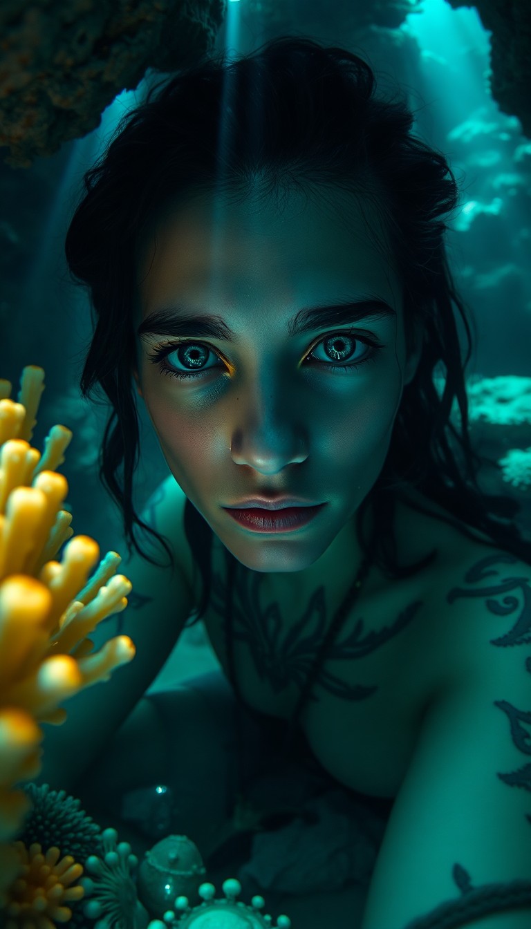 AI generated art for prompt: A portrait photograph, captured from a unique underwater bug's-eye view with a DSLR camera, reveals 