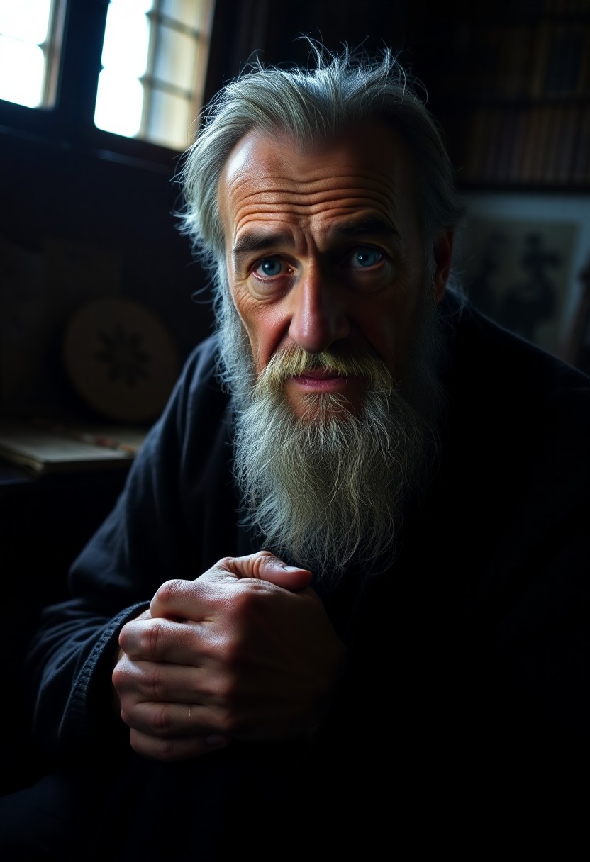 AI generated art for prompt: A portrait photograph, captured with a mirrorless camera, depicts an older Celtic man with a visage 