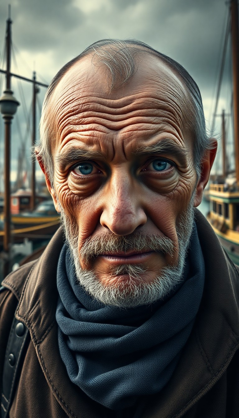 AI generated art for prompt: Imagine an ultrarealistic portrait capturing the enigmatic gaze of a seasoned sailor, his visage wea