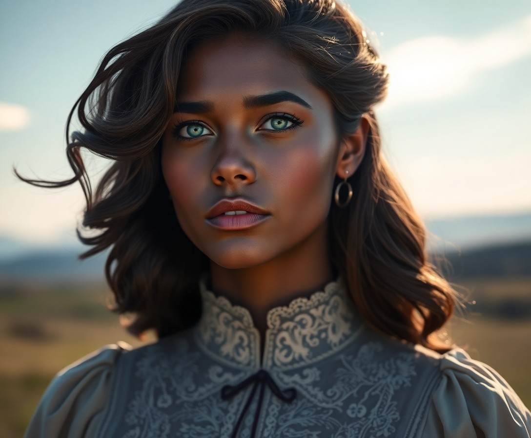 AI generated art for prompt: A highly detailed, photorealistic portrait of a 35-year-old Nordic woman with striking dark skin and