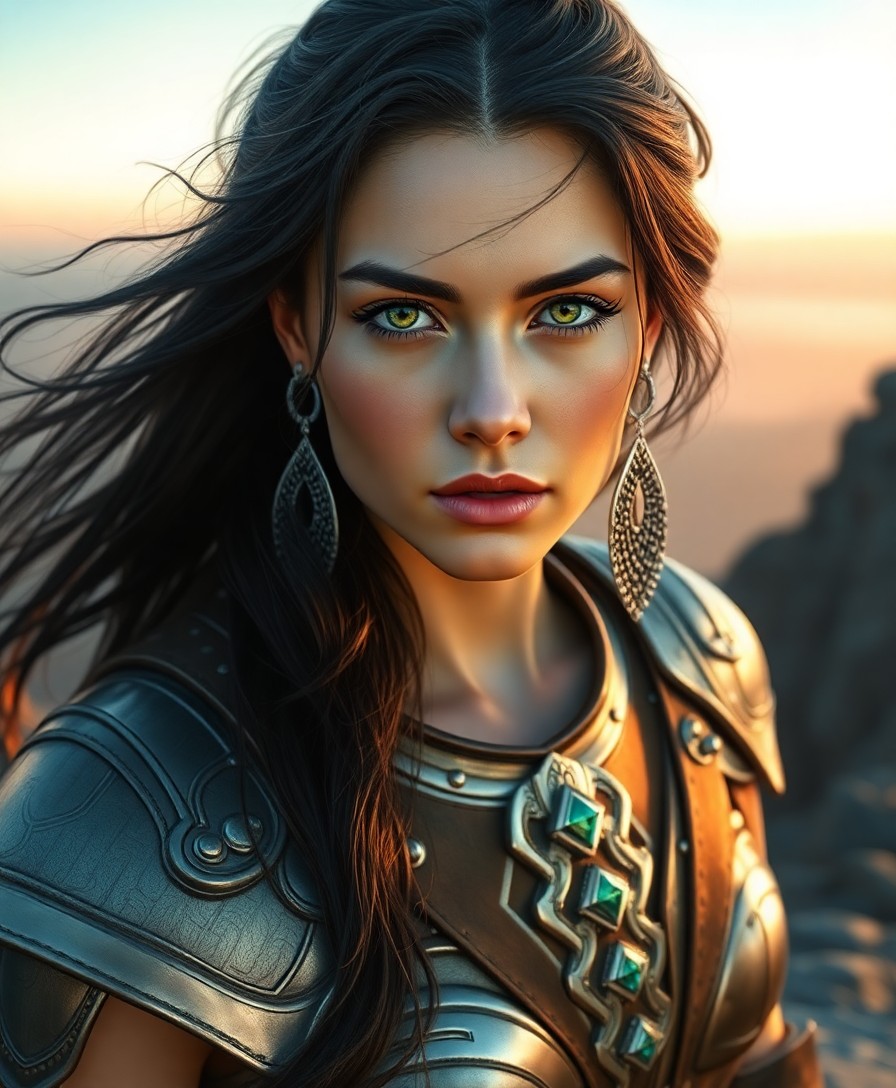 AI generated art for prompt: Create a photorealistic portrait of a female warrior, her visage enigmatic. Bestow upon her high che