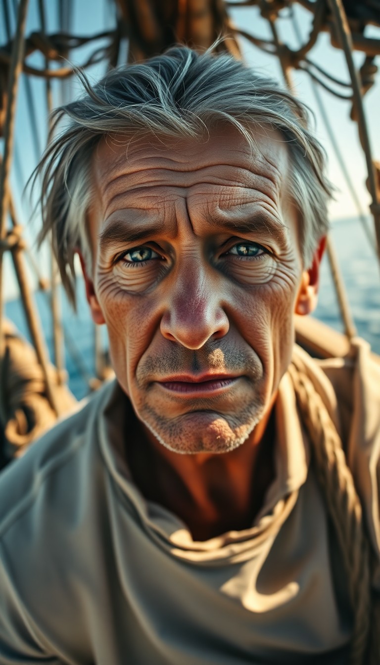 AI generated art for prompt: A highly realistic portrait of a weathered middle-aged fisherman with sun-bleached skin, melancholic