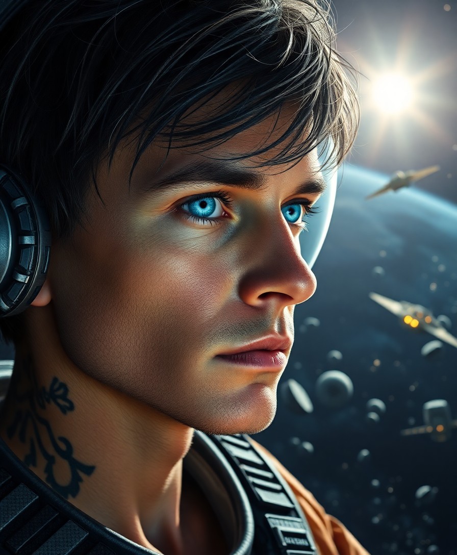 AI generated art for prompt: Create a hyper-realistic portrait of a stoic space explorer with piercing blue eyes that reflect a d