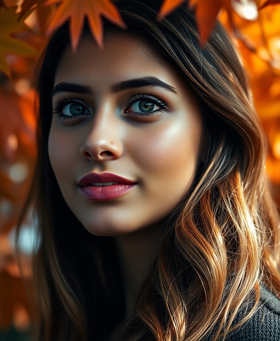 AI generated art for prompt: A close-up portrait of a South Asian woman with porcelain skin, full lips, and wistful green eyes, s