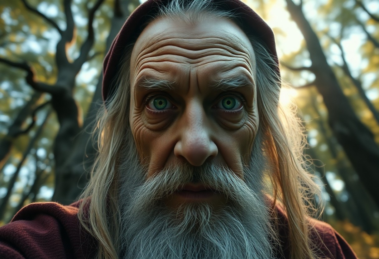 AI generated art for prompt: Capture a photorealistic portrait from a low-angle perspective of an aged wizard with piercing emera