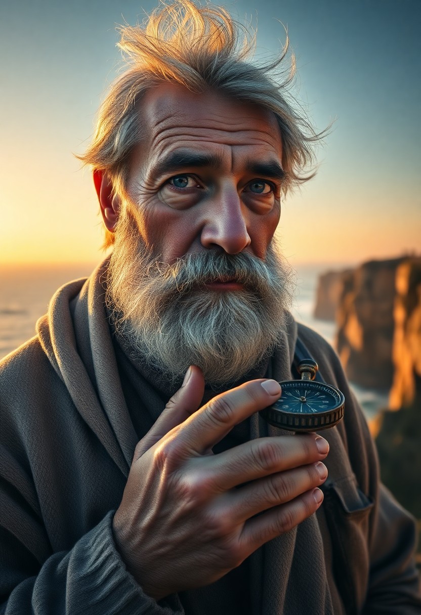 AI generated art for prompt: Imagine a mesmerizing portrait that captures the soul of an aged sailor with serene blue eyes, mirro