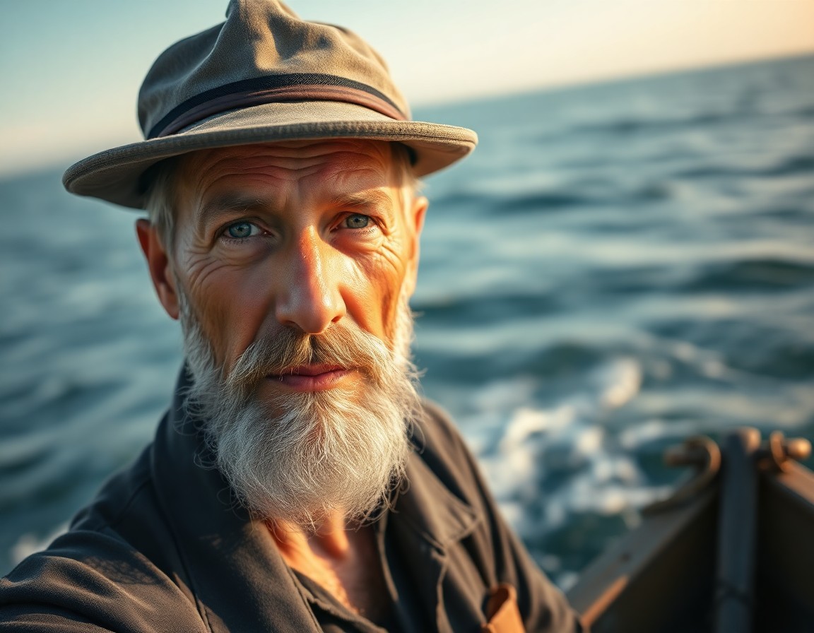 AI generated art for prompt: A superrealistic portrait of a weathered fisherman in his 50s, with skin etched by the sun and tende