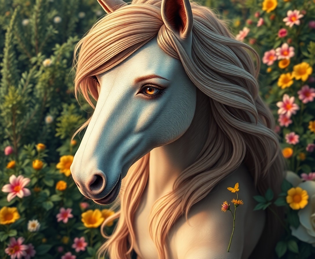 AI generated art for prompt: A portrait of a mythical female centaur, half-human, half-horse, captures the essence of regal demea