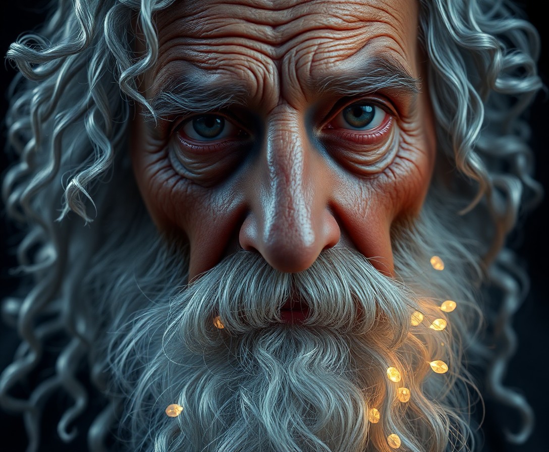 AI generated art for prompt: Create an image of a close-up portrait of a time-honored, wise old sage with a long, white beard ado