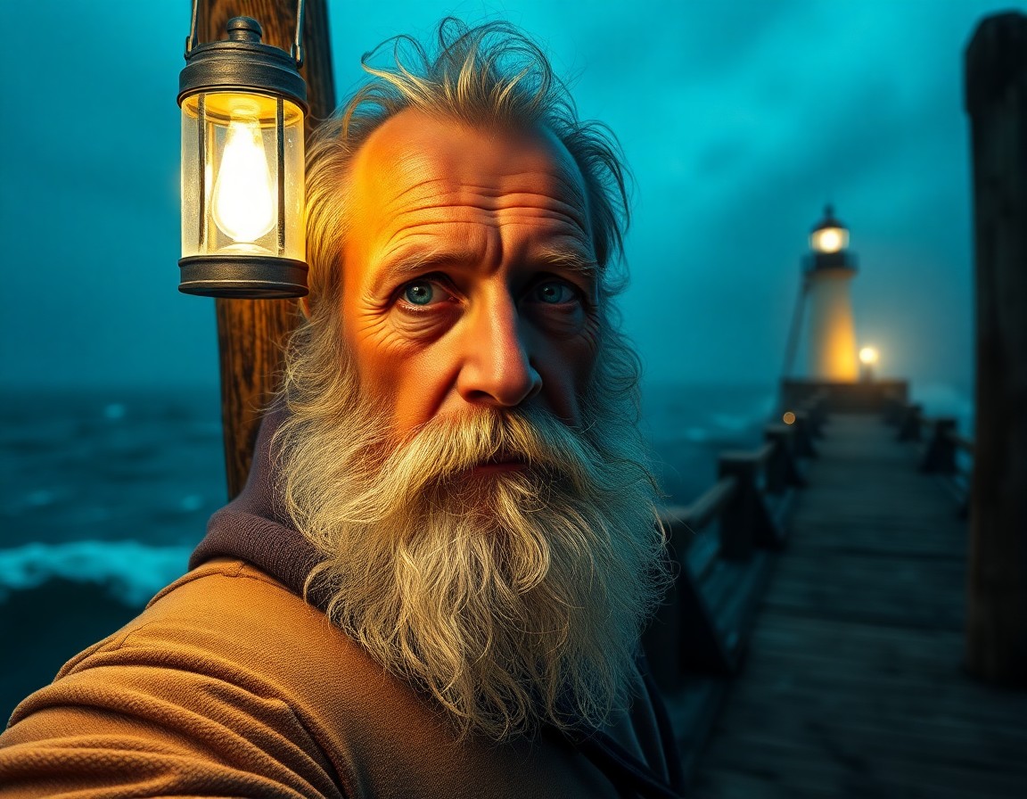 AI generated art for prompt: A superrealistic portrait of an old sailor, his melancholic blue eyes standing out against a full wh