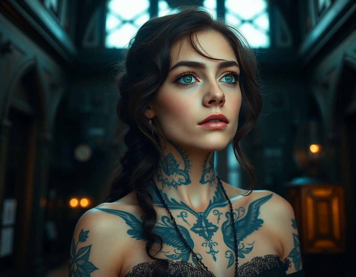 AI generated art for prompt: A neo-Victorian portrait, captured with a smartphone camera, depicts a mysterious Southern European 