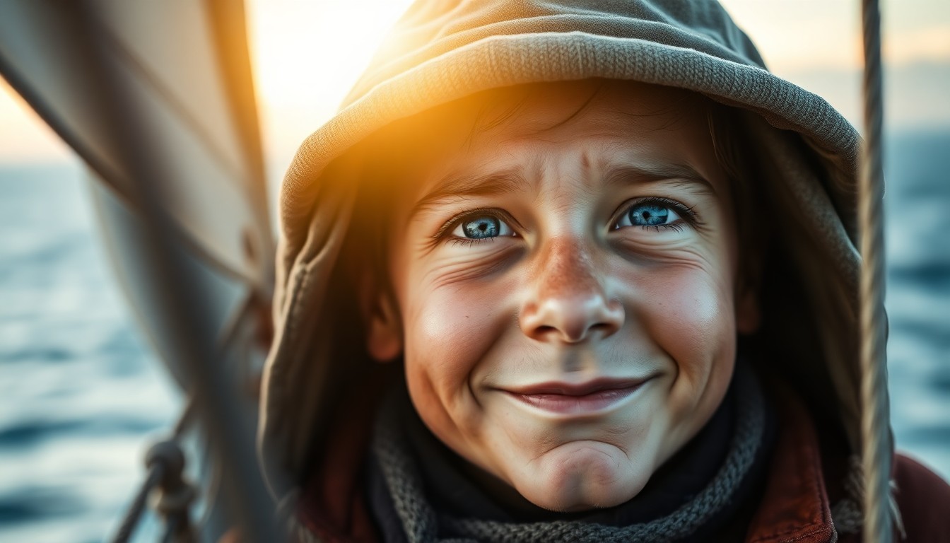 AI generated art for prompt: A highly realistic portrait of a wise and happy boy, his face weathered beyond his years, with shy b