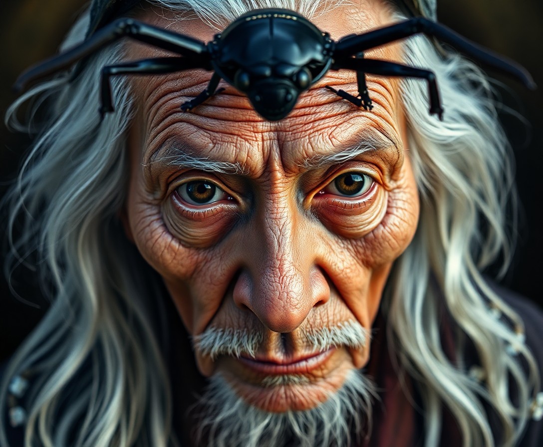 AI generated art for prompt: A photorealistic portrait captures the essence of an ancient sage, viewed from a unique 'bug's-eye' 