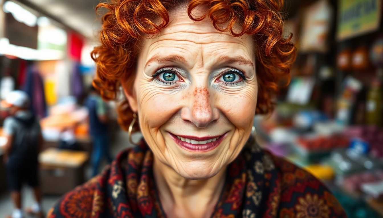 AI generated art for prompt: Create a super-realistic portrait of a middle-aged Aboriginal woman with short, fiery red, curly hai
