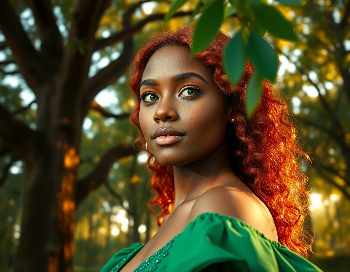 AI generated art for prompt: Create a hyperrealistic portrait of a young African woman with vibrant red hair and compassionate gr