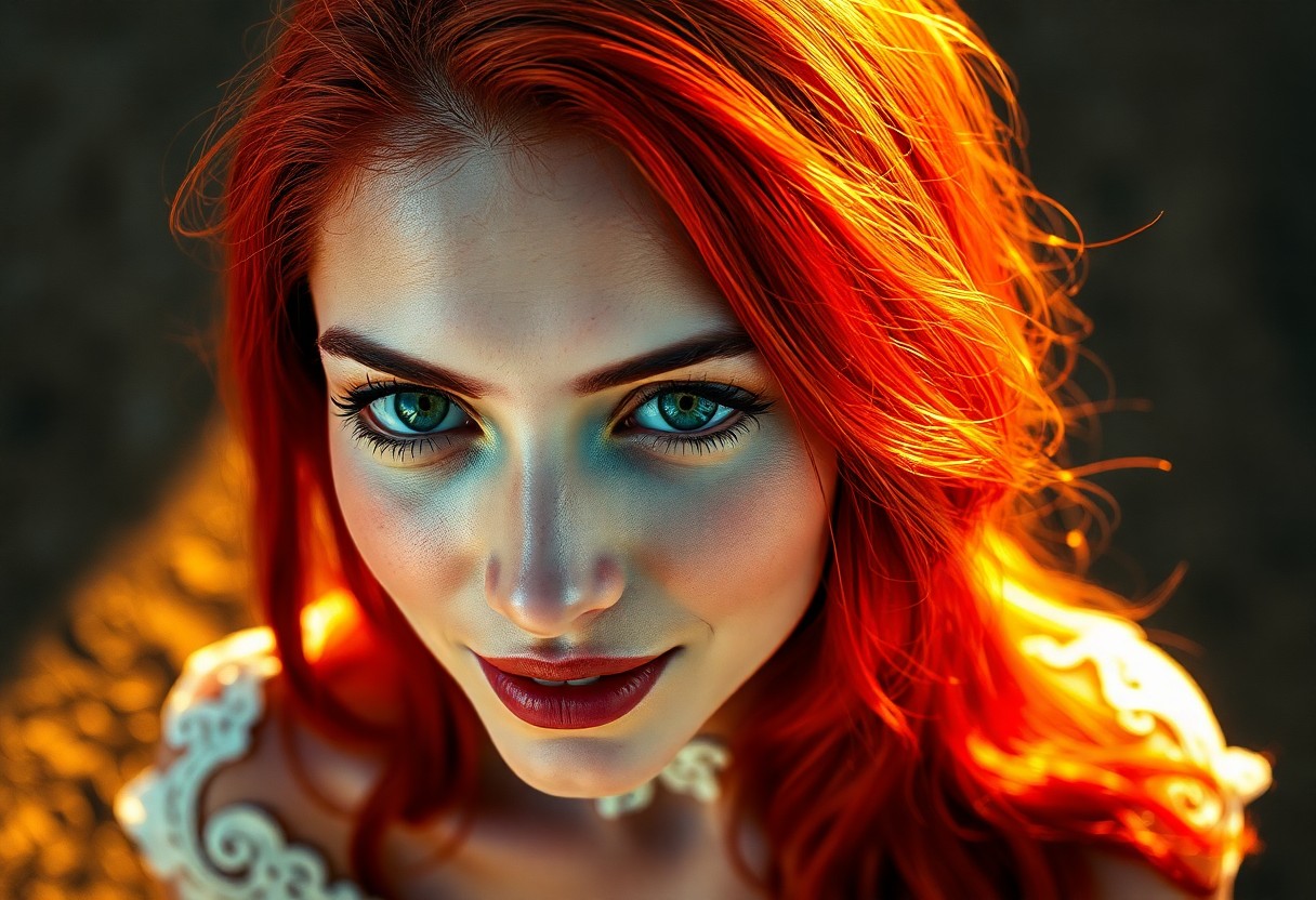 AI generated art for prompt: A captivating portrait of a mysterious Caribbean woman with hazy green eyes and vibrant red hair cas