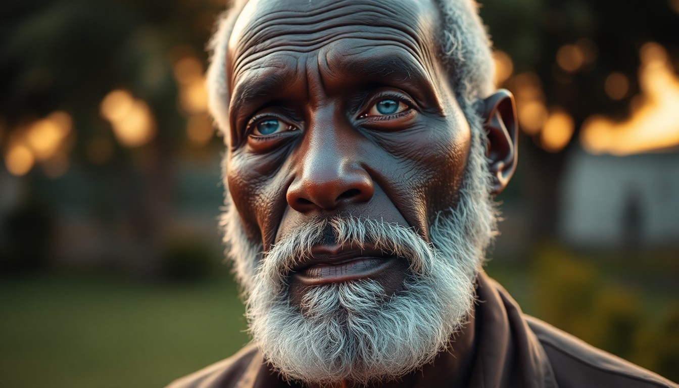 AI generated art for prompt: Envision a high-resolution portrait of an older African man with weathered skin, deep-set blue eyes,