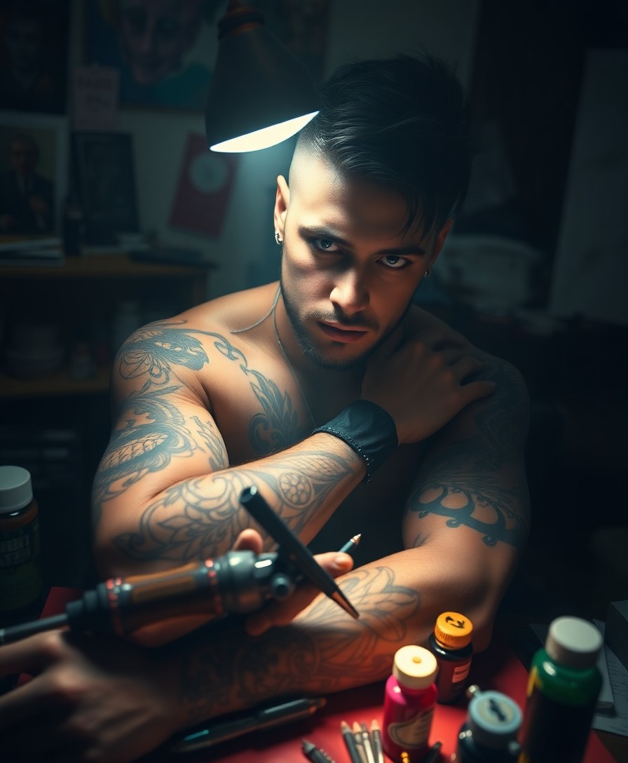 AI generated art for prompt: Create a hyperrealistic portrait of a mysterious tattoo artist in their dimly lit studio from a 'bug