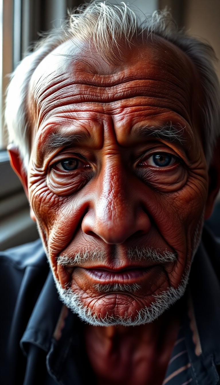 AI generated art for prompt: A portrait photograph captures an Aboriginal man in his seventies, displaying both wisdom and resili