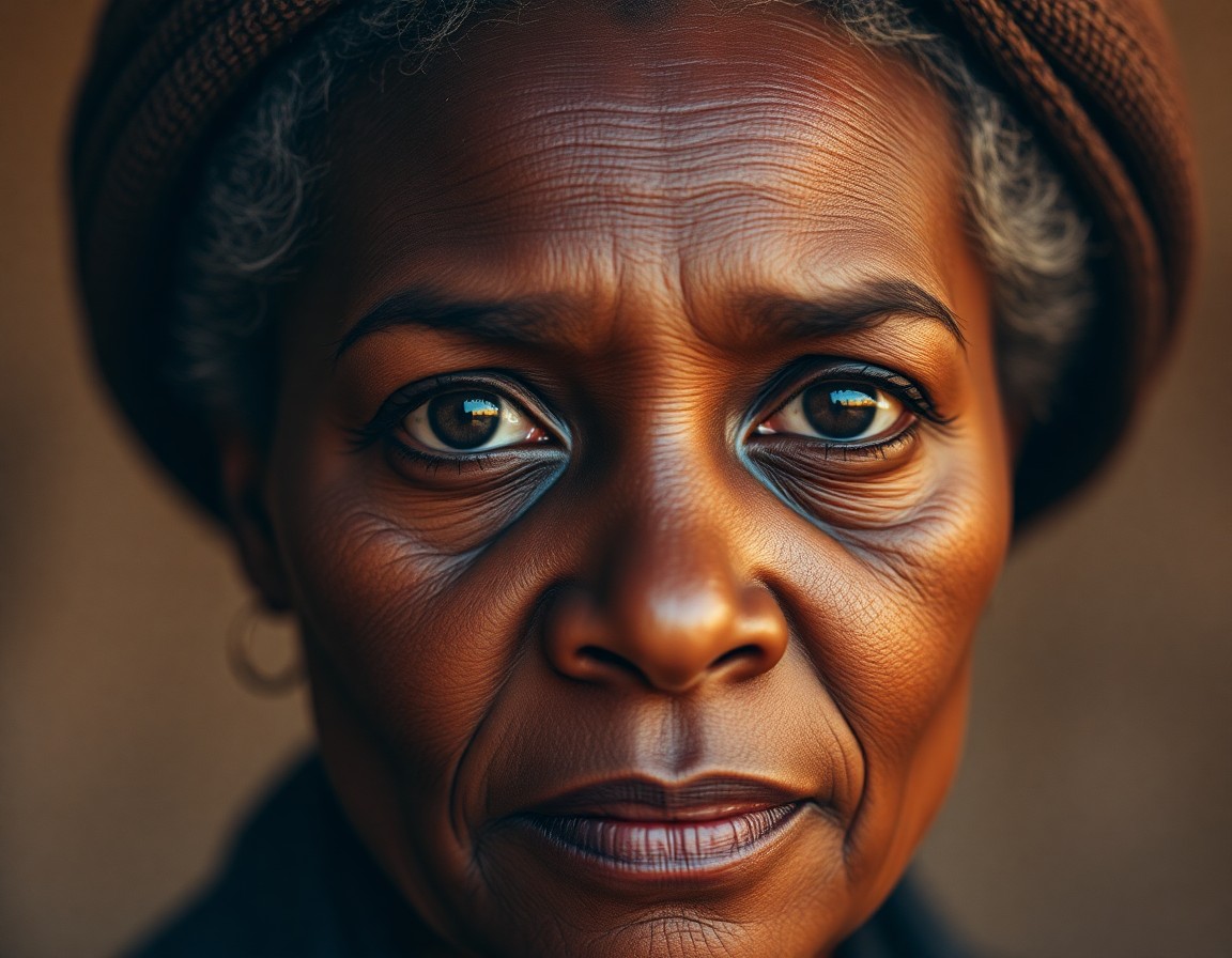 AI generated art for prompt: Create a close-up portrait of a middle-aged African woman with deep-set eyes, her expression thought