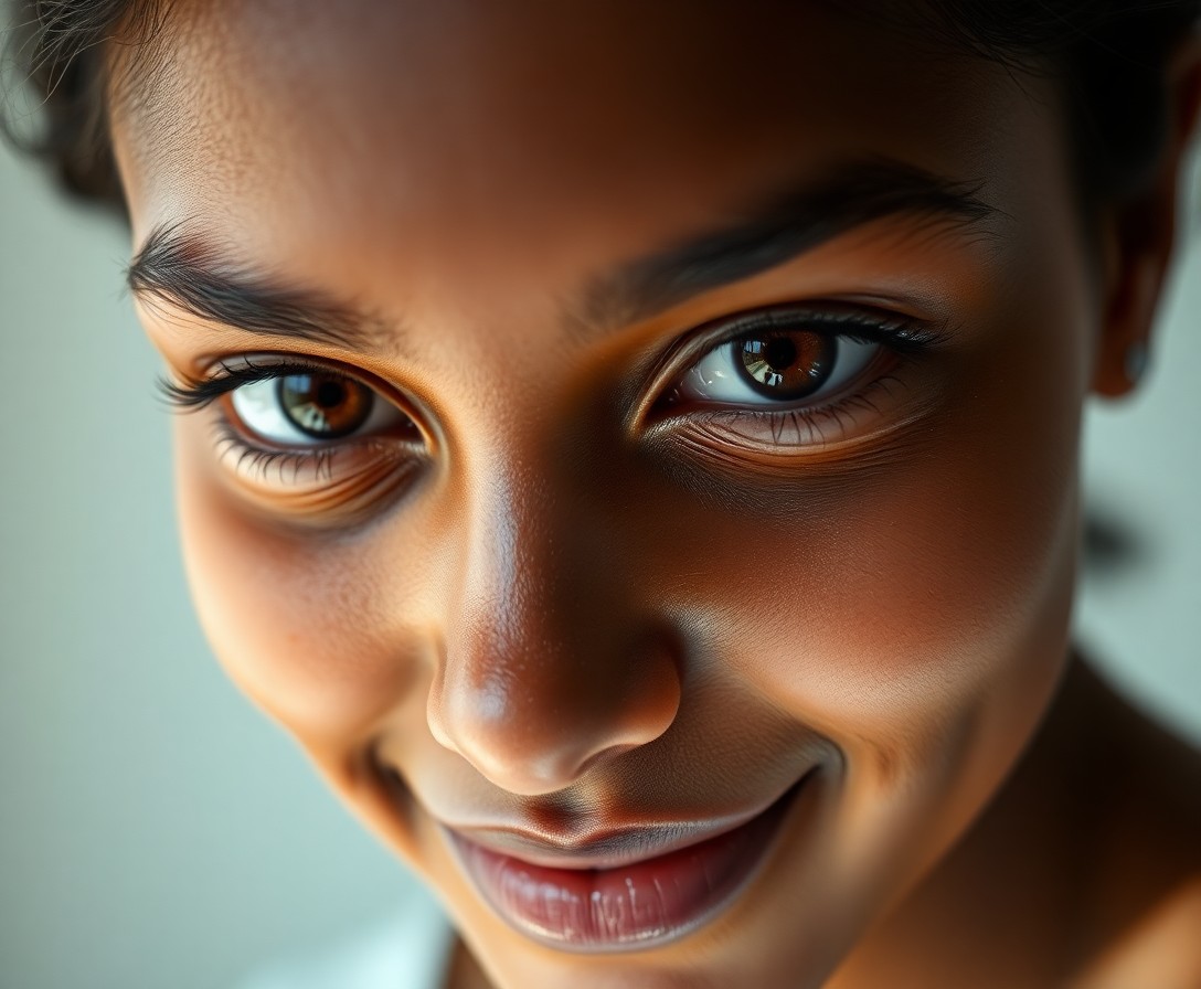 AI generated art for prompt: Imagine a captivating hyperrealistic portrait of a young woman with honey-brown eyes and a serene sm