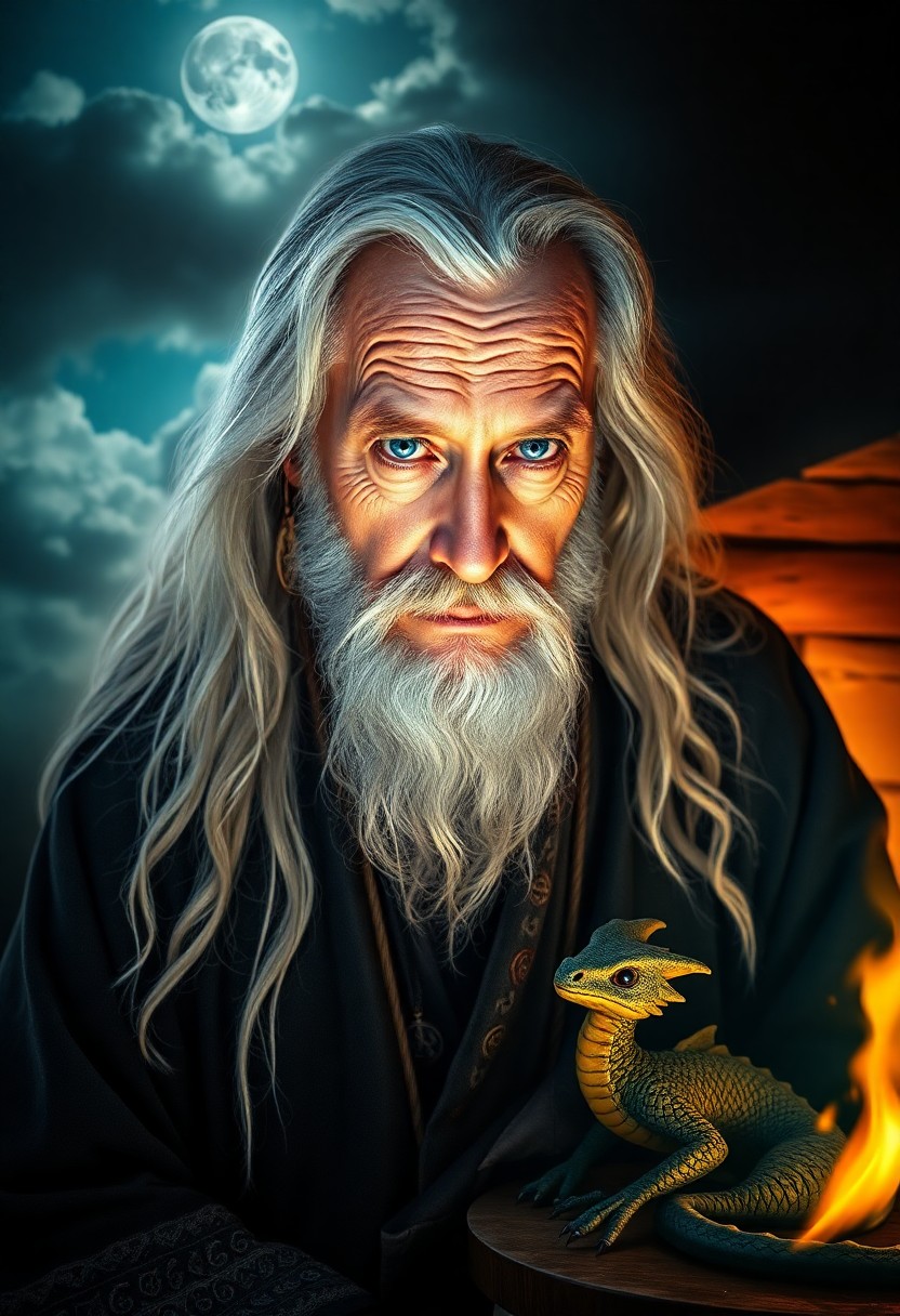 AI generated art for prompt: A portrait photograph captures the essence of an aged yet wise old wizard. He has distant blue eyes 