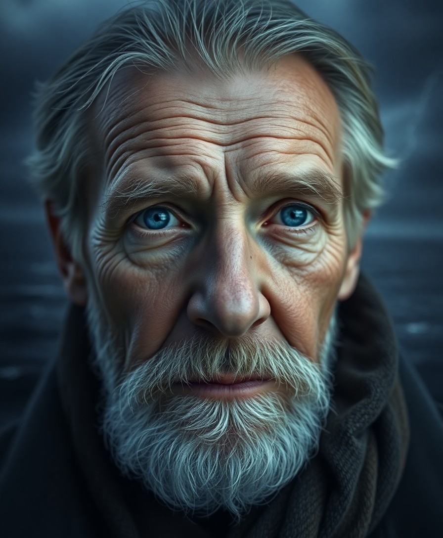 AI generated art for prompt: A striking portrait emerges of an elderly sea captain, his serene blue eyes fixed in a contemplative