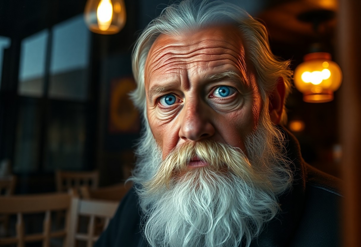 AI generated art for prompt: A portrait photograph captures the soulful gaze of a seasoned sailor with placid blue eyes and a ful