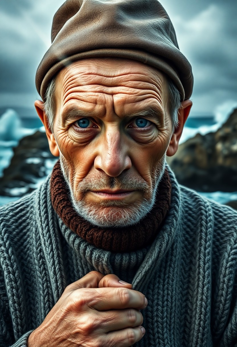 AI generated art for prompt: A portrait photograph captures an aged fisherman, his face etched with deep wrinkles and illuminated