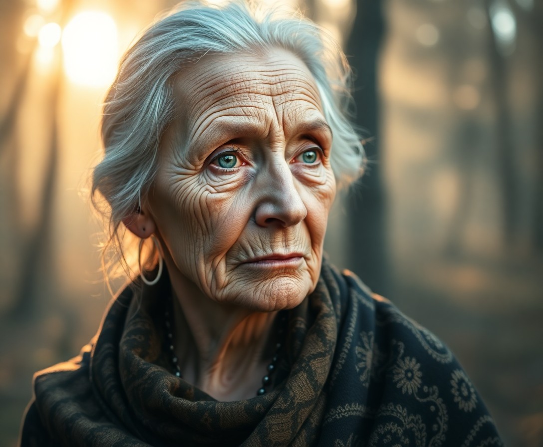 AI generated art for prompt: Imagine a portrait of a wise, elderly Caucasian woman, her serene yet powerful gaze fixed on the dis