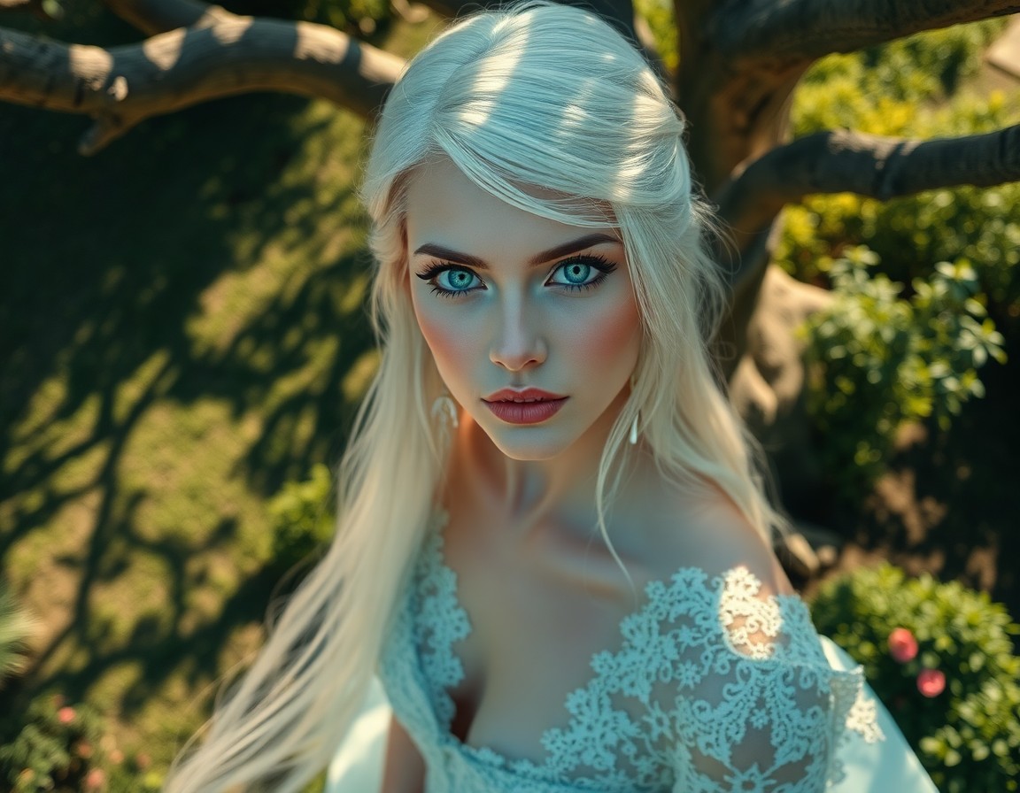 AI generated art for prompt: Create a super-realistic portrait of an enchanting woman with deep emerald eyes and striking platinu