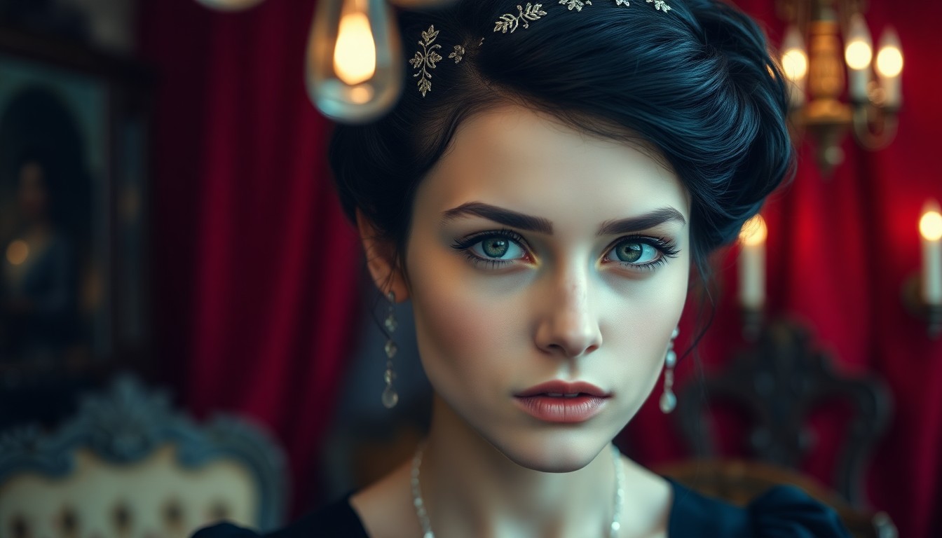 AI generated art for prompt: A photorealistic portrait depicts a young Slavic woman with timid green eyes and raven-black hair st