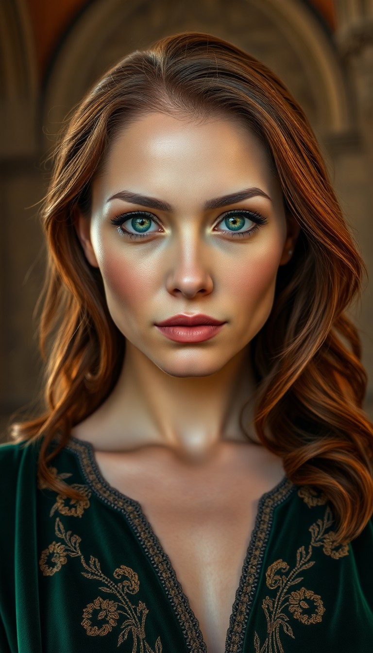 AI generated art for prompt: Craft a photorealistic portrait of an enigmatic Pacific Islander woman with vibrant green eyes and l