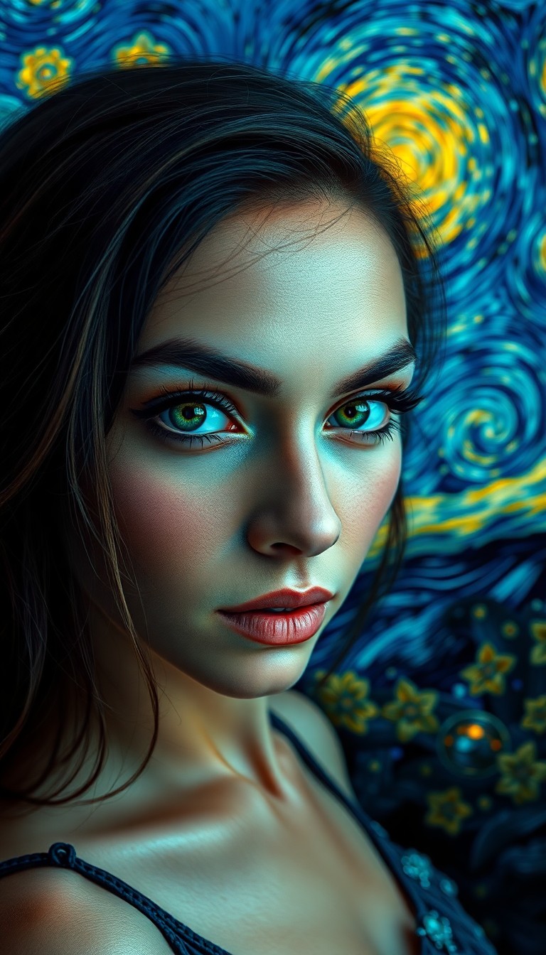 AI generated art for prompt: Create a hyperrealistic portrait of an enigmatic Latin American woman with piercing emerald eyes, se