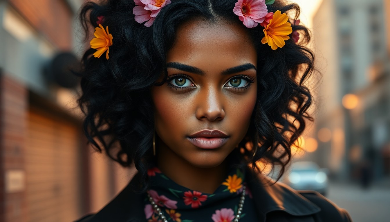 AI generated art for prompt: Craft a photorealistic portrait of a young woman with African-American and Nordic heritage, featurin