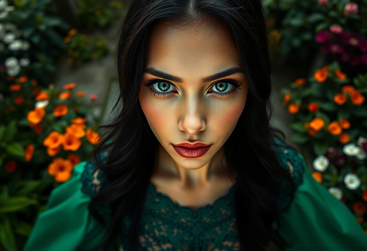 AI generated art for prompt: A hyperrealistic portrait showcases a Latin American woman's enigmatic expression with piercing emer