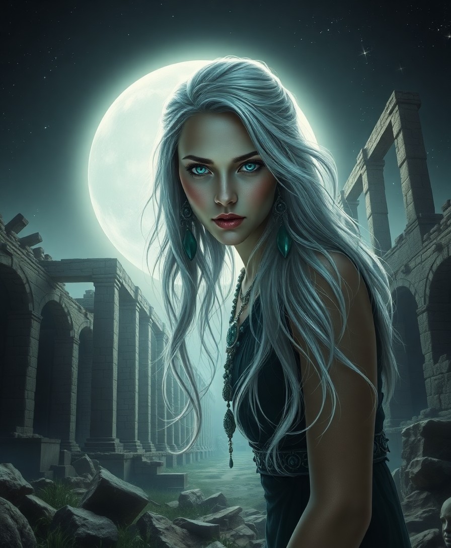 AI generated art for prompt: Depict a photorealistic portrait of an enigmatic female mystic with emerald eyes and silver hair flo