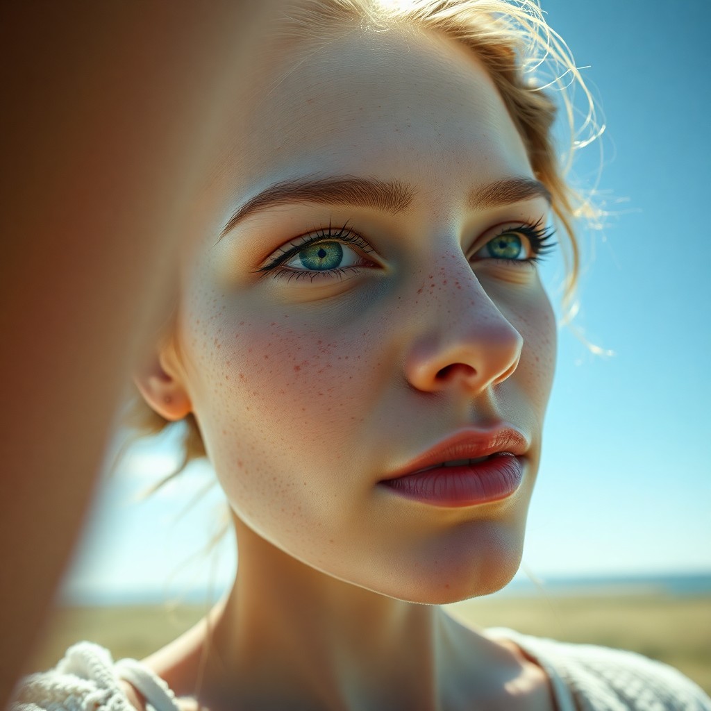 AI generated art for prompt: Create a captivating portrait of a young Nordic woman with piercing emerald eyes and delicate freckl