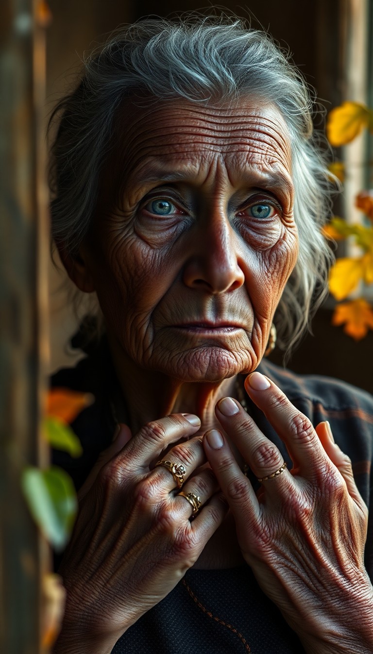 AI generated art for prompt: Enigmatic elderly Aboriginal woman with melancholic blue eyes and deeply lined skin, her expression 