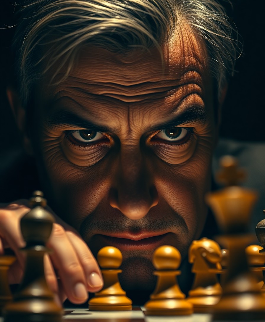 AI generated art for prompt: A photorealistic portrait captures a chess master's intense concentration from an unusual low-angle 